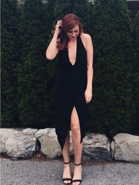 Mendocino Black Plunge Midi Dress with Front Slit